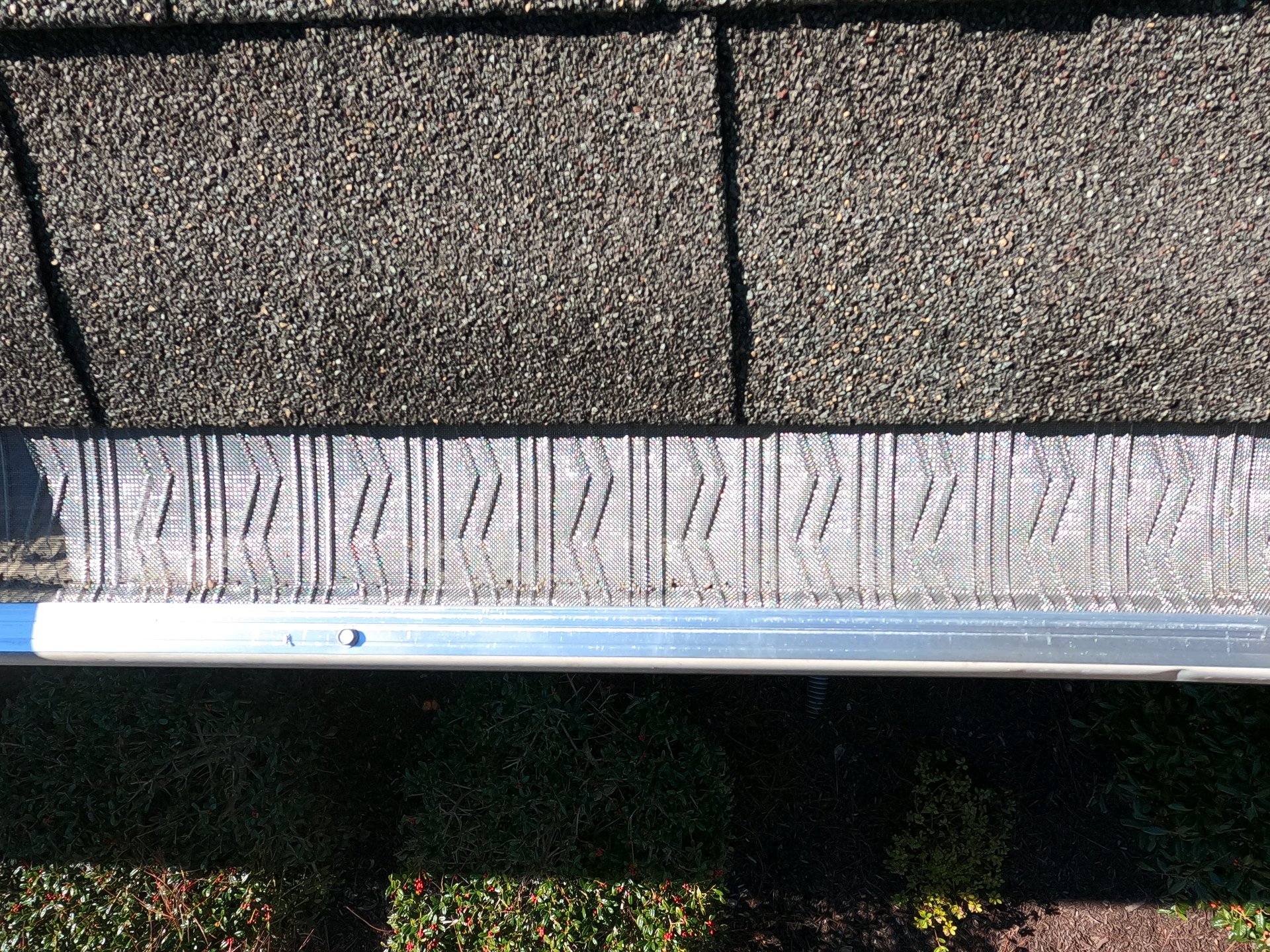 Top view of a clean micro-mesh gutter guard installed below shingles